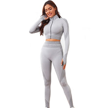 Load image into Gallery viewer, Zipped Crop Top &amp; High Waisted Leggings Set - Light Grey