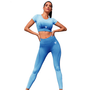 Cropped Top & High Waisted Leggings Set - Blue Ombré