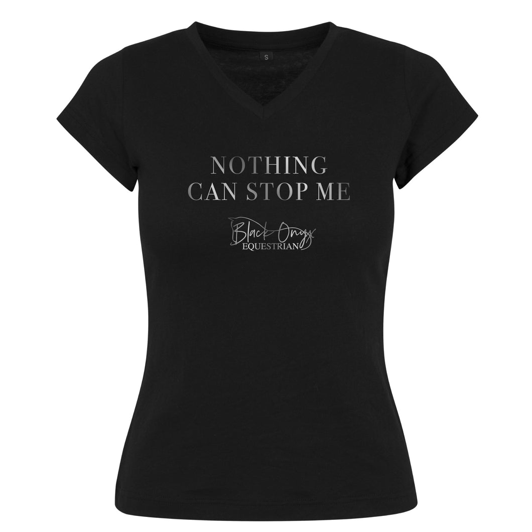 Ladies V-Neck Metallic 'Nothing Can Stop Me' T-Shirt - Black