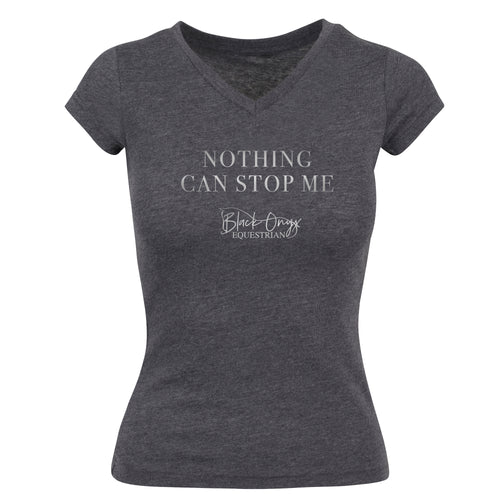 Ladies V-Neck Metallic 'Nothing Can Stop Me' T-Shirt - Charcoal
