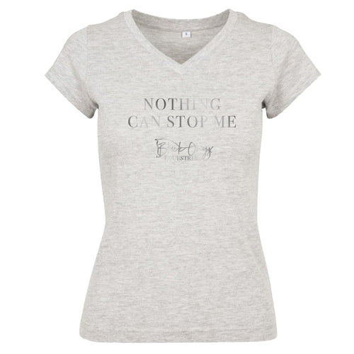 Ladies V-Neck Metallic 'Nothing Can Stop Me' T-Shirt - Grey