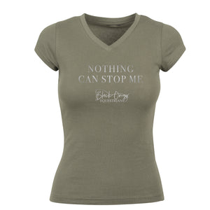 Ladies V-Neck Metallic 'Nothing Can Stop Me' T-Shirt - Khaki