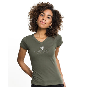 Ladies V-Neck Metallic T-Shirt - Olive
