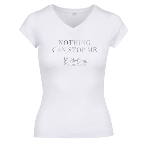 Ladies V-Neck Metallic 'Nothing Can Stop Me' T-Shirt - White